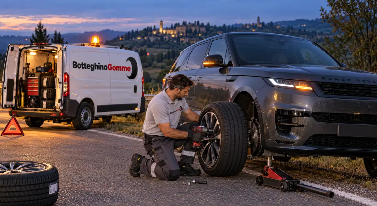 Gommista di Botteghino Gomme che cambia una gomma per strada, al tramonto, a una Range Rover Sport, con il furgone dell’officina mobile e il triangolo